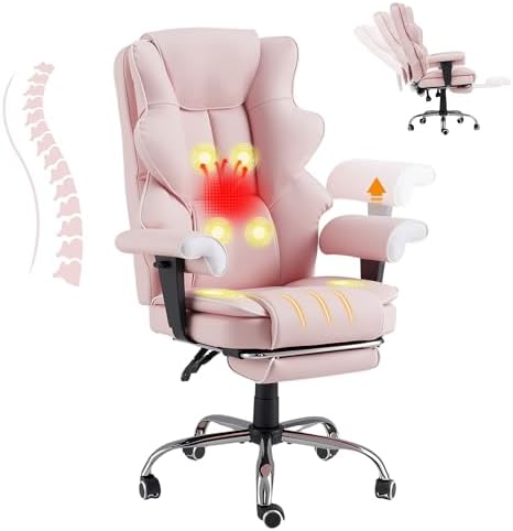 HOMREST 6-Point Massage Executive Chair,Heat Office Chair,Ergonomic Home Office Desk Chairs with Retractable Footrest and Reclining Function,Leather Computer Chair with Adjustable Armrest(‌Pink)