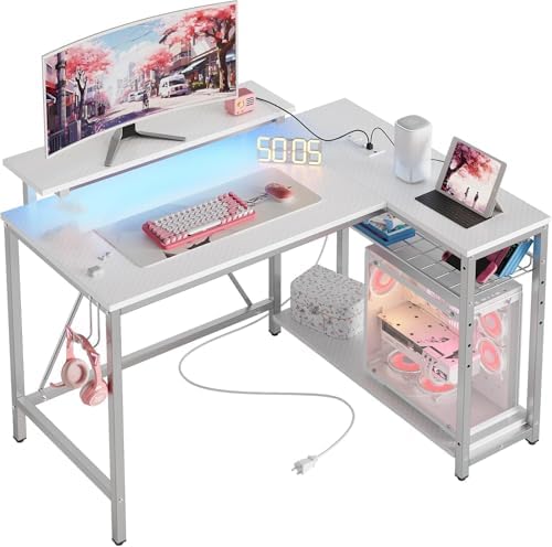 Bestier 42-Inch L-Shaped Computer Desk with Charging & LED, White