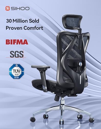 SIHOO M57 Ergonomic Mesh Office Chair, High Back Home Desk Chair with 3D Armrests, Lumbar Support and Adjustable Headrest, Comfortable Computer Chair, Big & Tall Office Chair Hold 330 LBS-Ebony