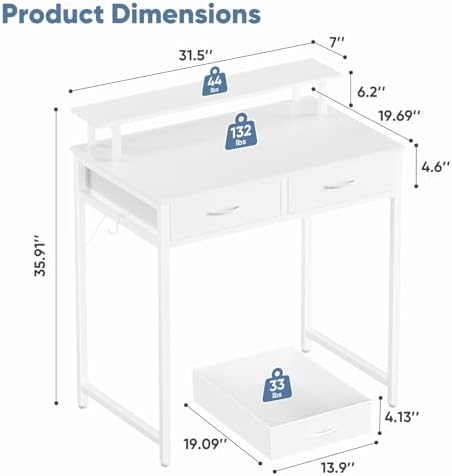 DUMOS 31-Inch Computer Desk with Drawers and Monitor Stand, White