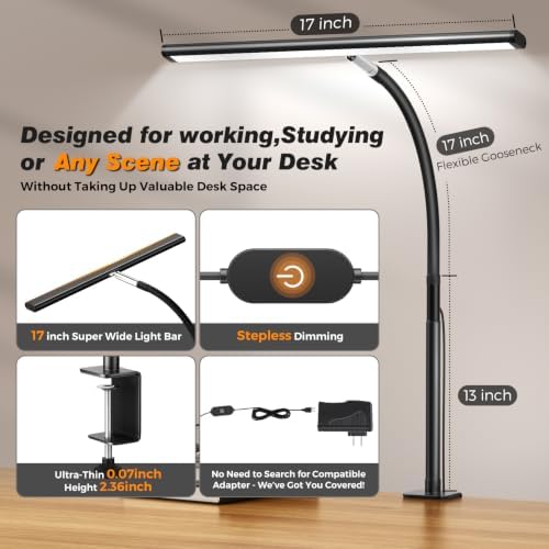 Airlonv LED Desk Lamp with Clamp, 17" Stepless Dimming Light, Black