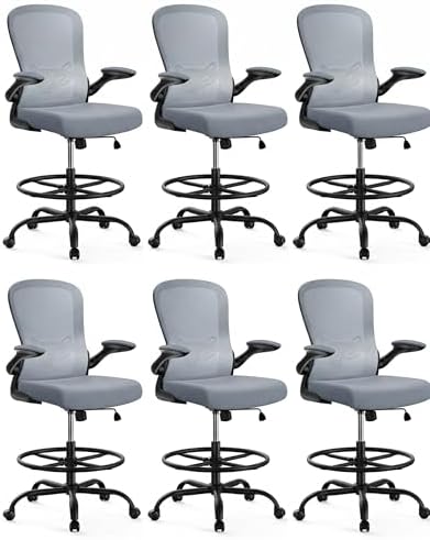 ErGear Drafting Chair,Tall Office Chair with Flip-Up Armrests, High Desk Chair Adjustable Height and Adjustable Footrest Ring, Ergonomic Standing Desk Chair with Lumbar Support, Blue,6 Pack