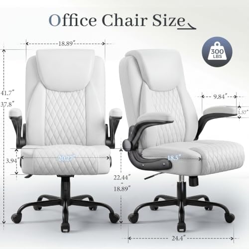 GTPOFFICE Executive Office Chair with Comfortable Lumbar Support, Ergonomic Gaming Chair with Flip-up Armrests & Zoned Pressure-Relief Cushion, Comfy PU Leather Desk Chair, White