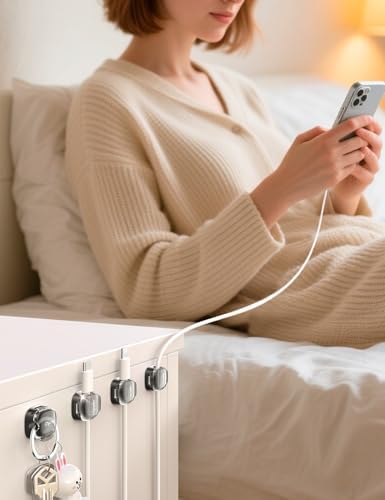 Cable Clips,12 Pack Cord Holder Cord Organizer [1s Lock & Strongest Adhesive] Spring Cord Clips Phone Charger Wire Desk Cable Management Nightstand Home Office School Decor Women Cute Desk Black