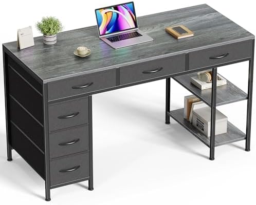 Huuger Computer Desk with 6 Drawers, Office Desk with Shelves, Reversible Gaming Desk, Corner Desk with Storage, Work for Home Office, Study, Living Room, 47inch, Grey