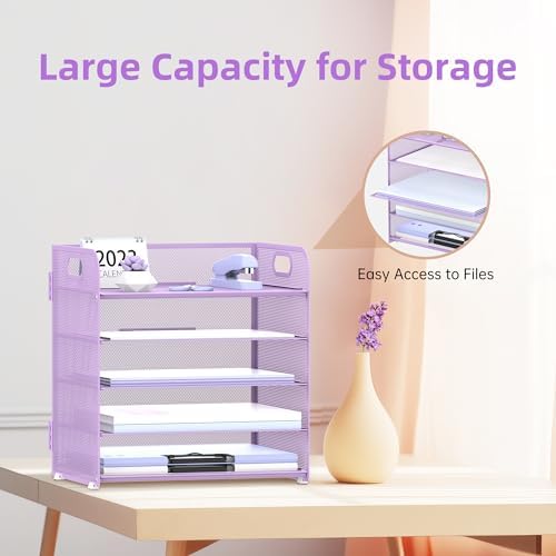 Supeasy 5 Trays Paper Organizer Letter Tray with Handle-Mesh Desk File Holders, Paper Sorter Desk Organizer for Office, Home, Classeoom or School, Purple