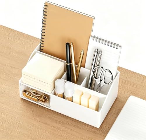 HBlife Acrylic Desk Organizer with Drawer, Pen & Pencil Holder, Multifunctional Desktop Caddy for Office Supply and Organization (White)