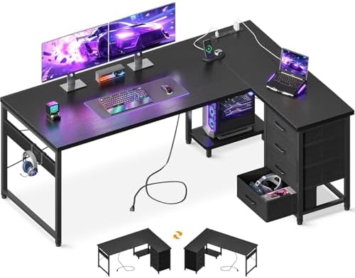 AODK 61" L Shaped Gaming Desk with 4 Drawers and Power Outlets, Black
