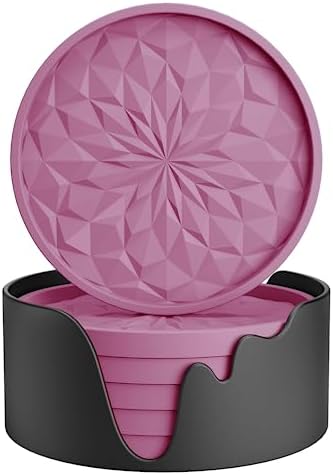 ME.FAN Silicone Coasters with Holder,[6 Pack] Drinking Coasters - Cup Mat for Hot or Cold Drinks, Thickened, Non-Slip, Non-stick,Deep Tray Dusty Rose
