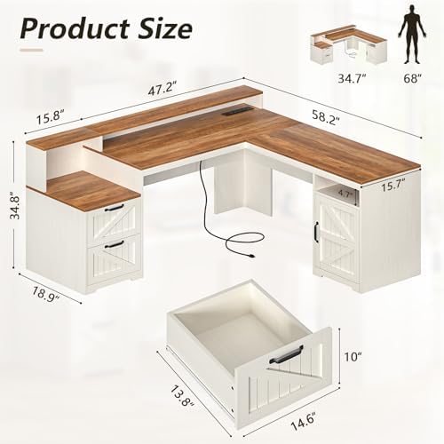 63" Farmhouse L Shaped Desk with Drawers & Printer Shelf for Home Office