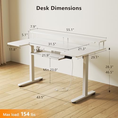 OffiGo 55 Inch U Shaped Electric Standing Desk with Keyboard Tray, White