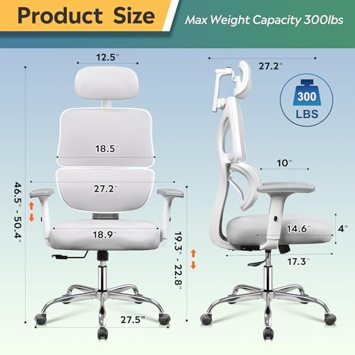 DEVAISE Office Chair Big and Tall Reclining Ergonomic Desk Chair for Long Hours, Comfy Breathable Mesh, Adjustable Armrests with Lumbar Support, White