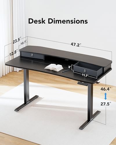 HUANUO 48″ x 24″ Electric Standing Desk with 2 Drawers, C-Clamp Mount Compatible, Height Adjustable Computer Desk, Home Office Stand Up Desk with 4 Preset Heights & 2 Hooks, Black (Pack of 2)