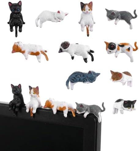 10 Pcs Cat Computer Monitor Decor, Mini Little Cats for Computer Monitor Resin Figurines, Cute Dashboard & Desk Decorations (3.9 x 2.3 in)