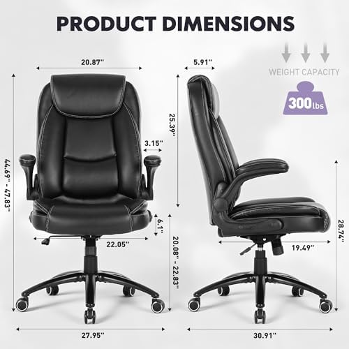 300lbs Capacity Executive Desk Chair with Ergonomic Lumbar Support, Flip-up Arms & High Back Leather Computer Chair for Home/Office, Black