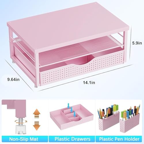 gianotter Desk Organizers and Accessories, Monitor Stand with Drawer and 2 Pen Holder, Desktop Organizer Suitable for Offices and Dormitories (Matte Pink)
