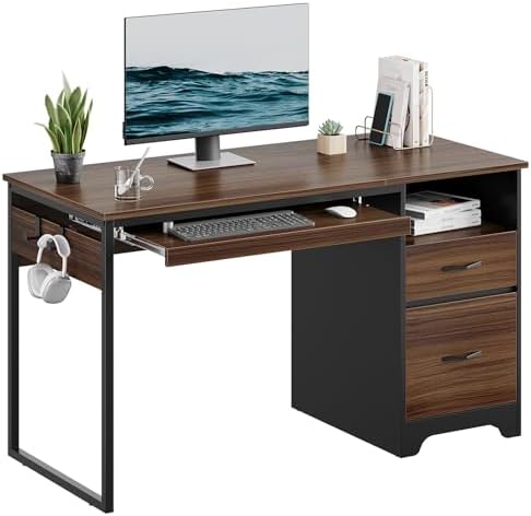 Bestier 48” Computer Desk with Drawers, Office Desk with Storage, Industrial Wood Writing Desk with File Drawer, Keyboard Tray & 2 Hooks for Home Office & Studio, Cherry