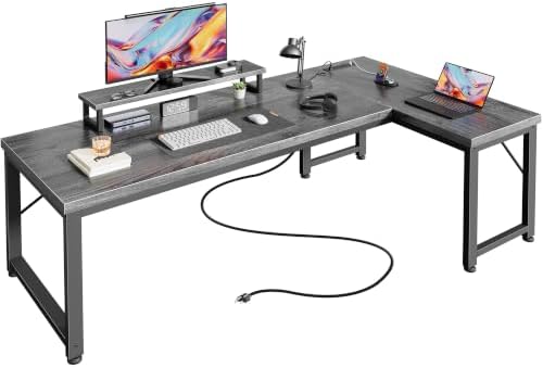 PRAISUN 53" L Shaped Computer Desk, Power Outlets, Monitor Stand, Grey