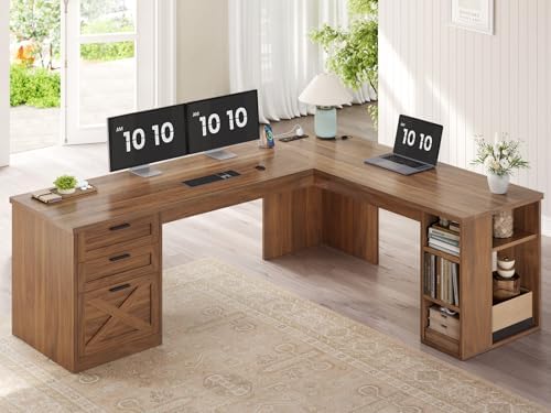 SEDETA 67" Farmhouse L Shaped Desk with 3 Drawers, Executive Home Office Desks with Storage Shelves, Corner Computer Desk with Power Outlets for Home Office, Brown