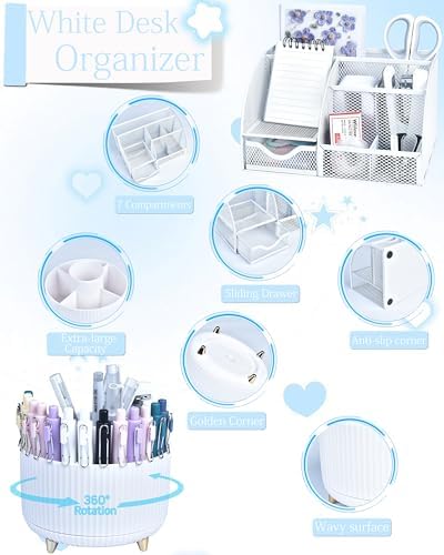 White Desk Accessories and Organizers with Desk Organizer and 360°Rotating Pen Holder stapler Pen and a Lot of Office White Office Supplies Beautifully Presented in a Gift Box
