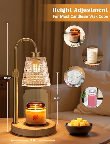 Wood Color& Clear Candle Warmer Lamp with Timer, Dimmable Candle Warmer for Jar Candles, Height Adjustable Wax Melts Warmer, Birthday Gifts for Women Mom, House Warming Gifts New Home Decor