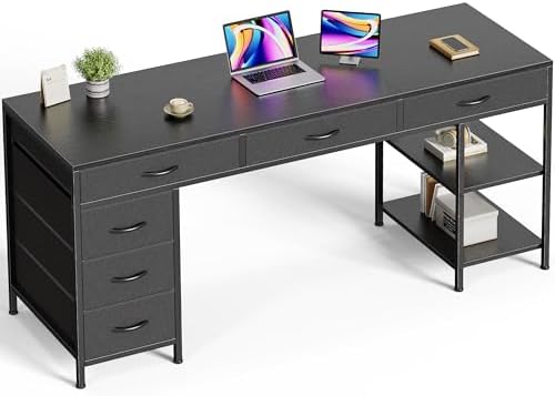 Huuger Computer Desk with 6 Drawers, Office Desk with Shelves, Reversible Gaming Desk, Corner Desk with Storage, Work for Home Office, Study, Living Room, 63inch, Black
