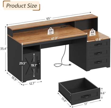 65" Farmhouse Computer Desk with Drawers and Printer Stand for Home Office