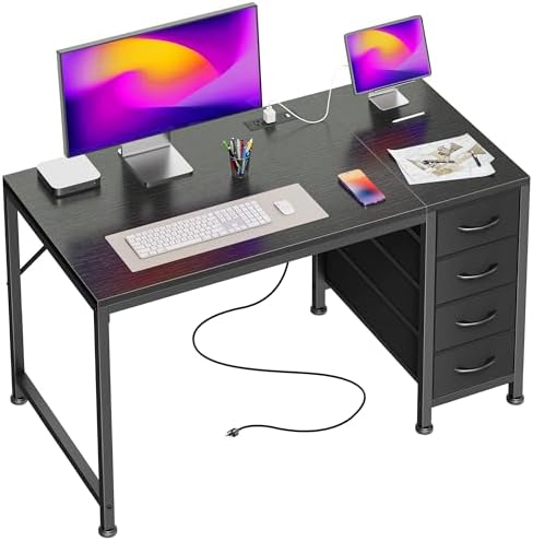 PRAISUN 39.4 Inch Computer Office Desk with Power Outelts and USB-C Port, Reversible Gaming Desk with 4 Fabric Drawers, Work Study Desk Work from Home, Black