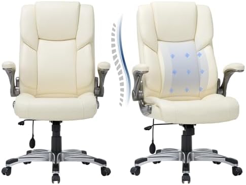 COLAMY Leather Executive Office Chair- High Back Home Computer Desk Chair with Padded Flip-up Arms, Adjustable Tilt Lock, Swivel Rolling Ergonomic Chair for Adult Working Study-Lvory, Set of 2