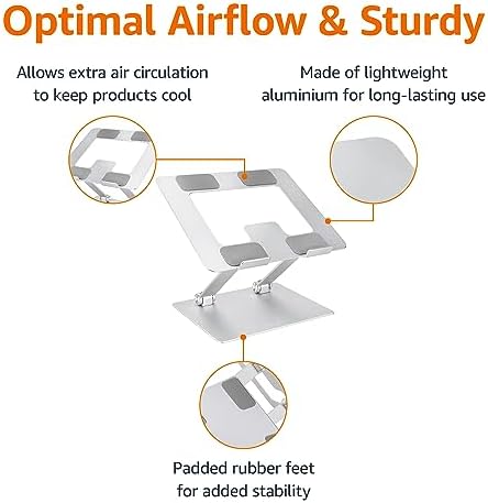 Amazon Basics Sturdy and Portable Ergonomic Laptop Stand for Desk, Height Adjustable Riser with Ventilated Cooling, Foldable, Fits all Laptops up to 15.6 Inch, Silver