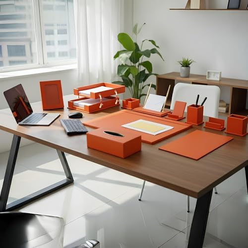 Luxury Executive Leather Desk Organizer Set –13-Piece Office Desk Accessories with Desk Pad, Letter Tray, Phone Stand, Pen Holder & Coasters – Professional Office Desk Decor & Gift (Orange)