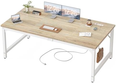 TIQLAB 63 x 30 Inch Extra-Deep Computer Desk with Power Outlets, Heavy-Duty Office Desk, Wide Gaming & Work Desk for Home Office, Maple