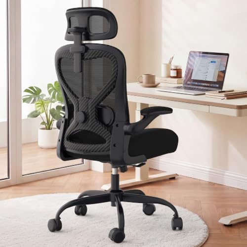 Home Office Desk Chairs, Ergonomic Office Chair with Lumbar Support & 3D Headrest, Computer Desk Chair with Flip-up Armrests, Perfect for Office or Study, Black/Carbon Fiber