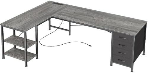 Huuger 55 Inch L Shaped Desk with Fabric Drawers, Reversible Computer Gaming Desk with Power Outlets and USB-C Port, Adjustable Side Storage Shelves, for Work Study Corner Home Office, Grey,1CD078H