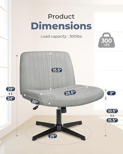 NEO Chair Criss Cross Chair No Wheels, Armless Cross Legged Office Desk Chair, Vanity Makeup Fabric Computer Comfy Adjustable Swivel Ergonomic Living Bedroom for Home Office (Fabric Grey)