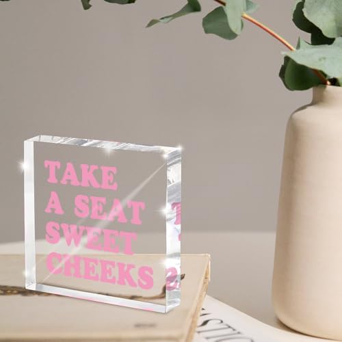 Take a Seat Sweet Cheeks Pink Acrylic Wall Decal, 4x4 Inch Fun Bathroom Decor, Quirky Desk Sign, Retro Humor Print for Girls Bedroom, Dorm and Gag Gift