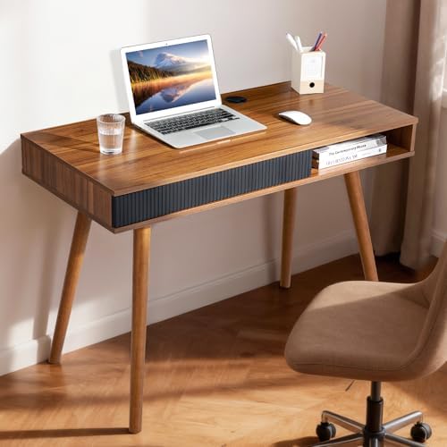 Walnut Wood Desk with Drawer, 42.5" Mid Century Modern Writing Desk