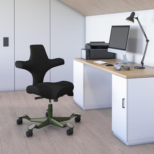 HAG Capisco Standard Chair-Moss Green Frame-Upholstered Black Leather
