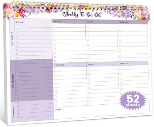 Weekly To Do List Notepad with 52 Undated Sheets（8.5"×11"）- Undated Weekly Planner Notepad for Office Desk Accessories and Supplies - Lavender Charm