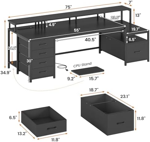 SEDETA 75'' Large Home Office Desk with 5 Drawer, Power Outlet, File Drawer