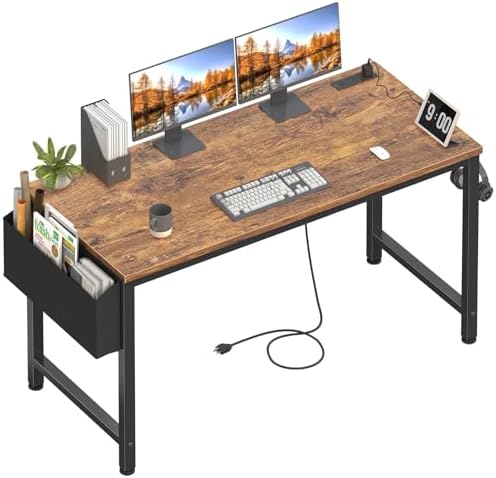 Lufeiya Gaming Desk with Power Outlet, 55 inch Teen Study Table Home Office Work Writing Computer Desks with Charging Station Outlets Built in, Brown