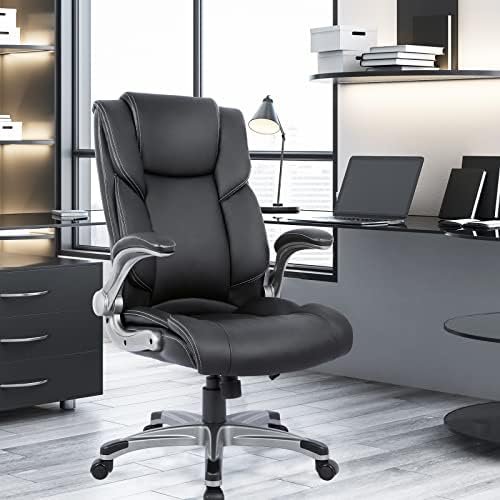 COLAMY High Back Executive Office Chair - Padded Leather Ergonomic Computer Desk Chair with Inflatable Lumbar Support & Flip-Up Arms, Adjustable Tilt Lock Swivel Task Chair for Home Office, Black
