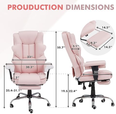 HOMREST 6-Point Massage Executive Chair,Heat Office Chair,Ergonomic Home Office Desk Chairs with Retractable Footrest and Reclining Function,Leather Computer Chair with Adjustable Armrest(‌Pink)