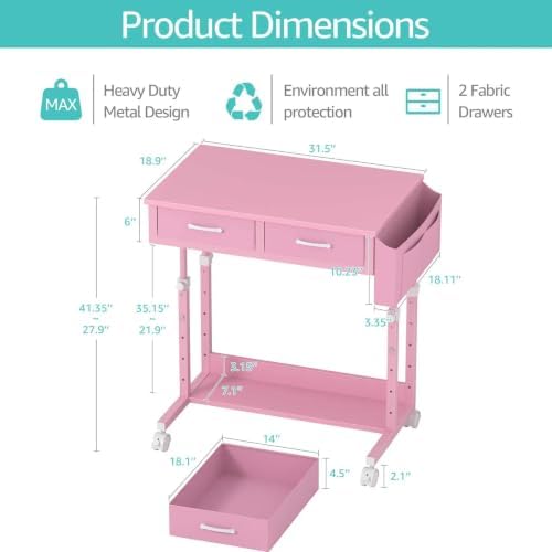 Pink Rolling Desk with Drawers, Small Height Adjustable Girls Standing Desk