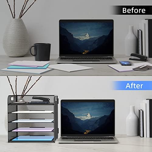 Supeasy 5 Trays Paper Organizer Letter Tray with Handle-Mesh Desk File Holders, Paper Sorter Desk Organizer for Office, Home, Classroom or School