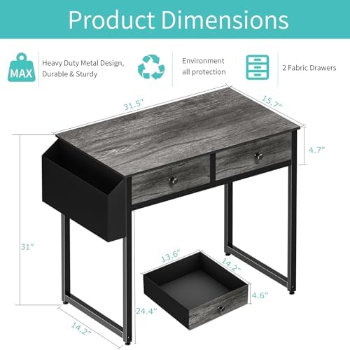 Lufeiya Small Desk with Drawers - for Bedroom, 32 Inch Home Office Computer Desk with Fabric Storage Drawer and Bag, Study Writing Table for Small Spaces, Gray