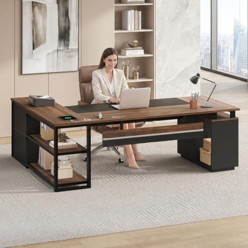 71" L Shaped Corner Home Office Desk, Large Executive Computer Desk with Lockable File Cabinet, 2 Drawers, Storage Cabinet, Power Outlets, CPU Stand, Storage Shelves & Modesty Panel, Walnut