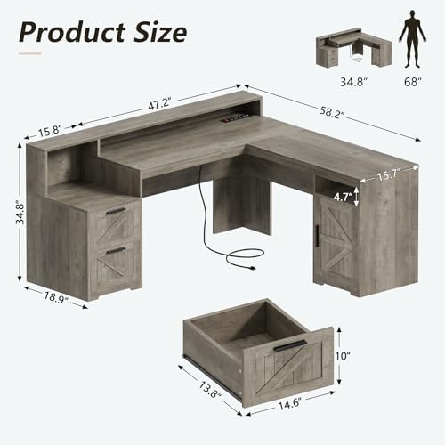 63" Farmhouse L Shaped Desk with Drawers & Printer Shelf for Home Office