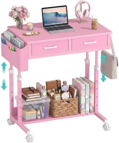 Pink Rolling Desk with Drawers, Small Height Adjustable Girls Standing Desk