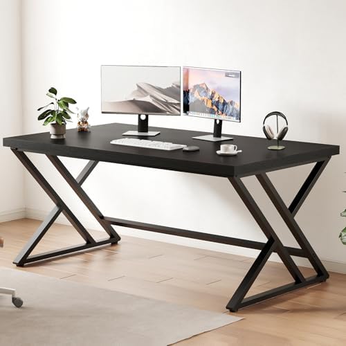 LVB 55 Inch Black Modern Computer Office Desk Metal & Wood Writing Desks